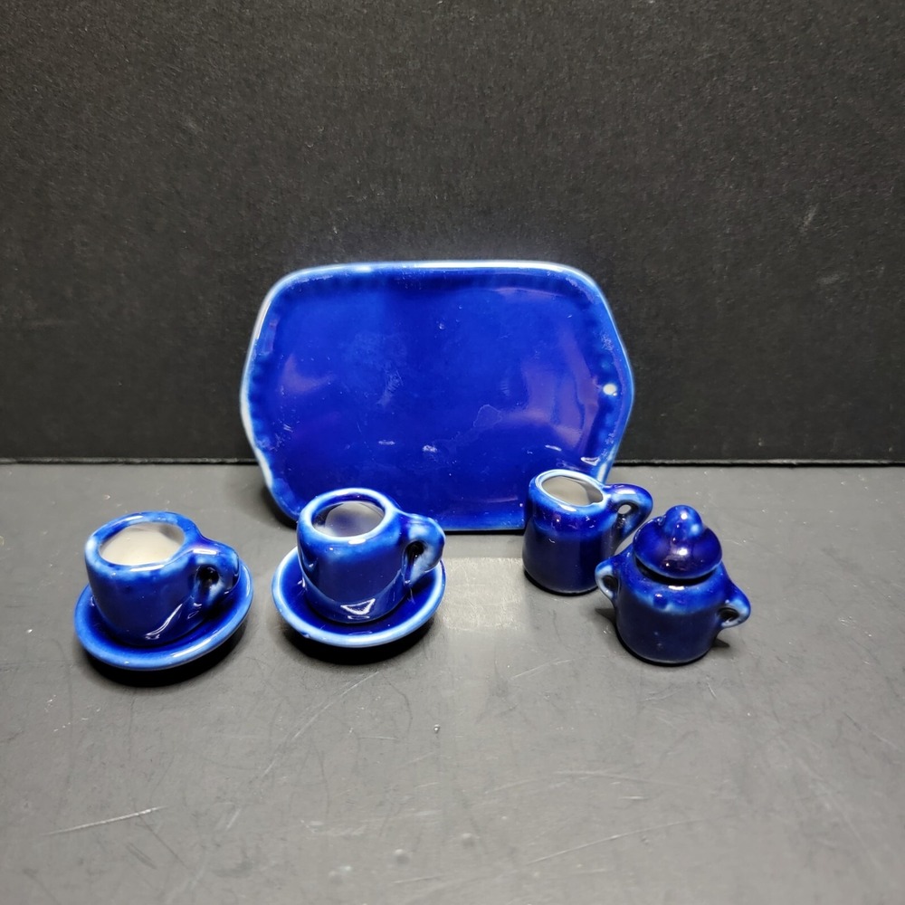 Vintage Colbalt Blue Miniature Dollhouse Tea Set 7 Piece Ceramic